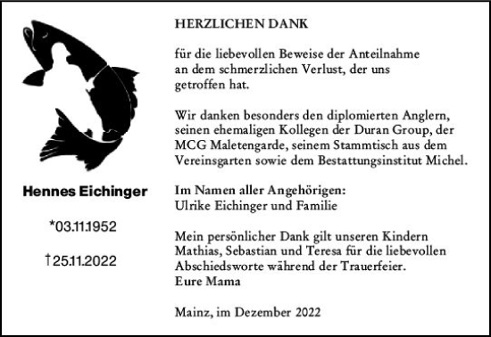 Traueranzeige von Hennes Eichinger von vrm-trauer AZ Mainz