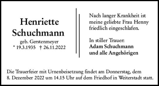Traueranzeige von Henriette Schuchmann von vrm-trauer Darmstädter Echo