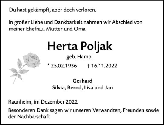 Traueranzeige von Herta Poljak von vrm-trauer Rüsselsheimer Echo / MainSpitze