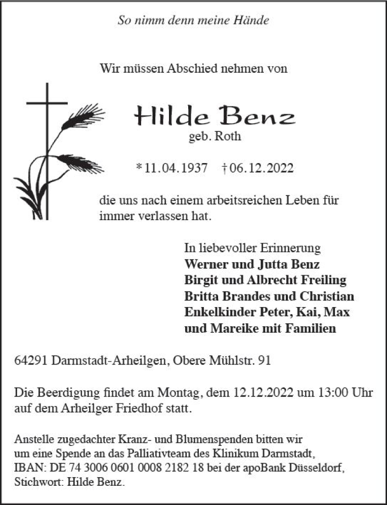  Traueranzeige für Hilde Benz vom 10.12.2022 aus vrm-trauer Darmstädter Echo