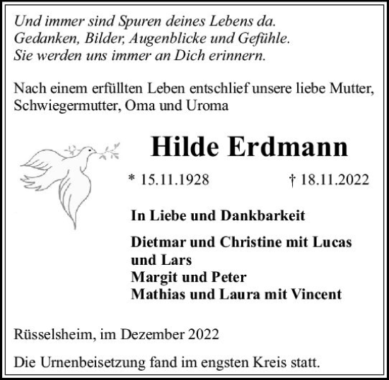 Traueranzeige von Hilde Erdmann von vrm-trauer Rüsselsheimer Echo / MainSpitze