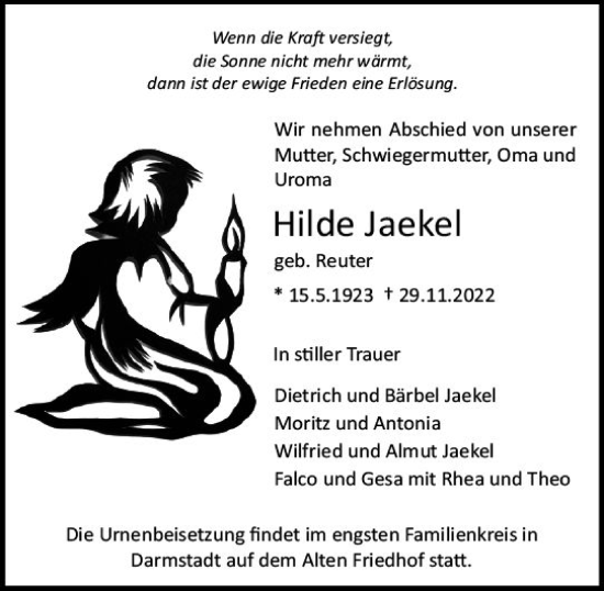 Traueranzeige von Hilde Jaekel von vrm-trauer Darmstädter Echo
