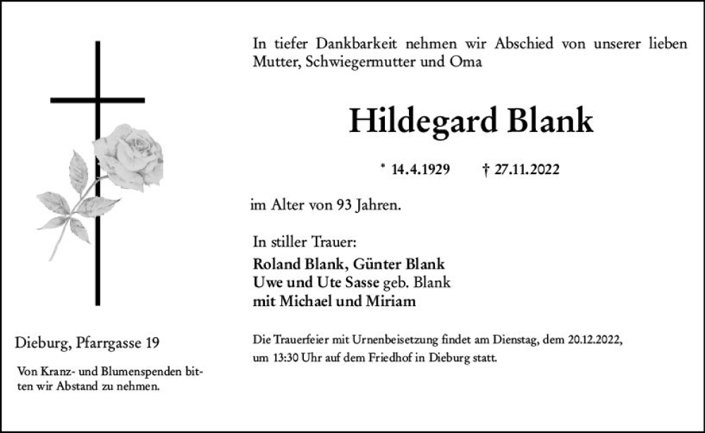  Traueranzeige für Hildegard Blank vom 15.12.2022 aus vrm-trauer DieburgerAnzeiger/Groß-Zimmerner Lokala