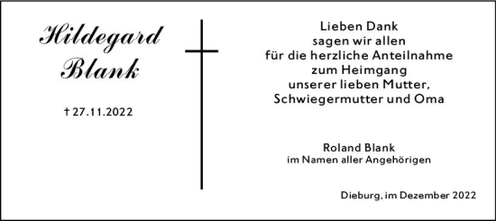 Traueranzeige von Hildegard Blank von vrm-trauer DieburgerAnzeiger/Groß-Zimmerner Lokala