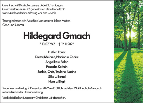 Traueranzeige von Hildegard Gmach von vrm-trauer AZ Mainz