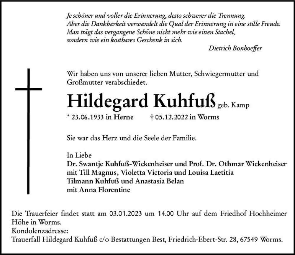  Traueranzeige für Hildegard Kuhfuß vom 31.12.2022 aus vrm-trauer Wormser Zeitung