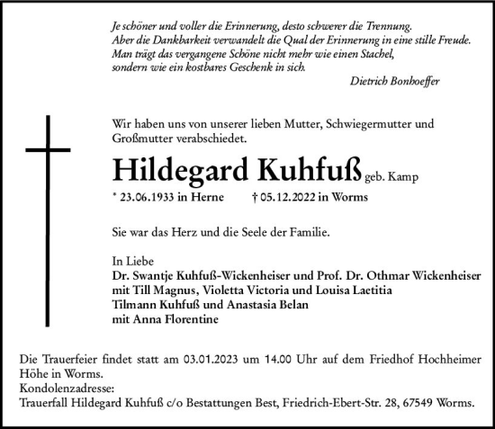 Traueranzeige von Hildegard Kuhfuß von vrm-trauer Wormser Zeitung