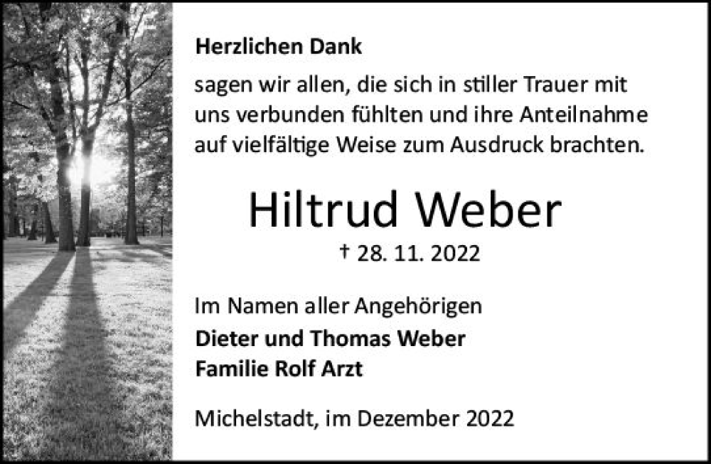  Traueranzeige für Hiltrud Weber vom 24.12.2022 aus vrm-trauer Odenwälder Echo