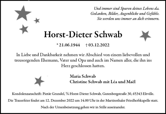 Traueranzeige von Horst-Dieter Schwab von vrm-trauer Wiesbadener Kurier