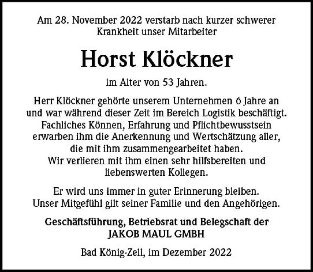 Traueranzeige für Horst Klöckner vom 10.12.2022 aus vrm-trauer Odenwälder Echo