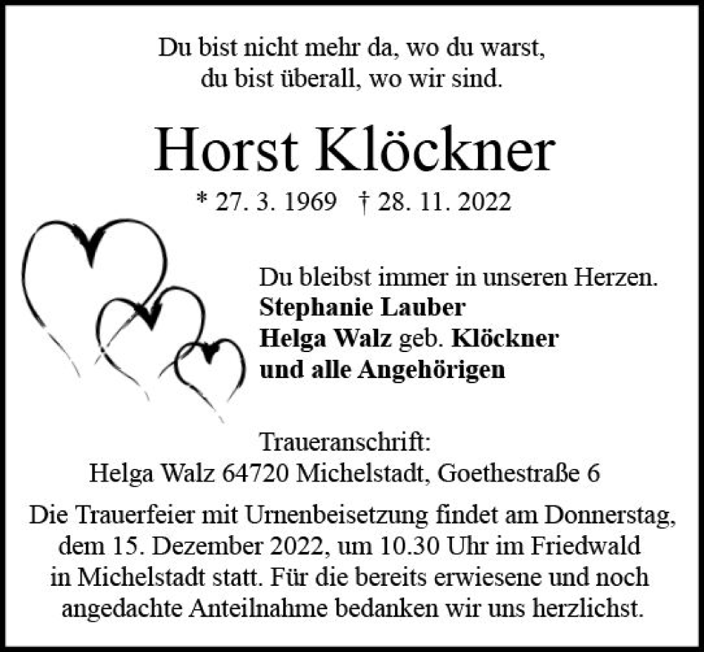  Traueranzeige für Horst Klöckner vom 10.12.2022 aus vrm-trauer Odenwälder Echo