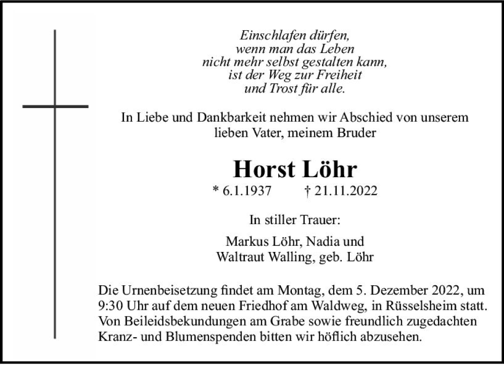  Traueranzeige für Horst Löhr vom 03.12.2022 aus vrm-trauer Rüsselsheimer Echo / MainSpitze