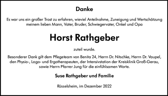 Traueranzeige von Horst Rathgeber von vrm-trauer Rüsselsheimer Echo / MainSpitze
