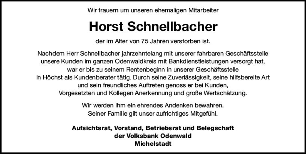  Traueranzeige für Horst Schnellbacher vom 31.12.2022 aus vrm-trauer Odenwälder Echo