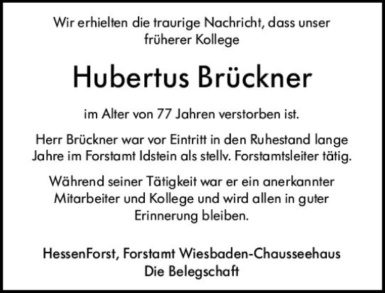 Traueranzeige von Hubertus Brückner von vrm-trauer Idsteiner Zeitung