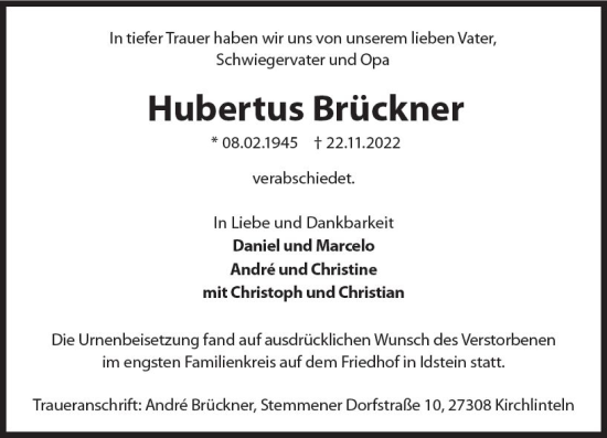 Traueranzeige von Hubertus Brückner von vrm-trauer Idsteiner Zeitung