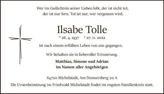 Traueranzeige von Ilsabe Tolle von vrm-trauer Odenwälder Echo