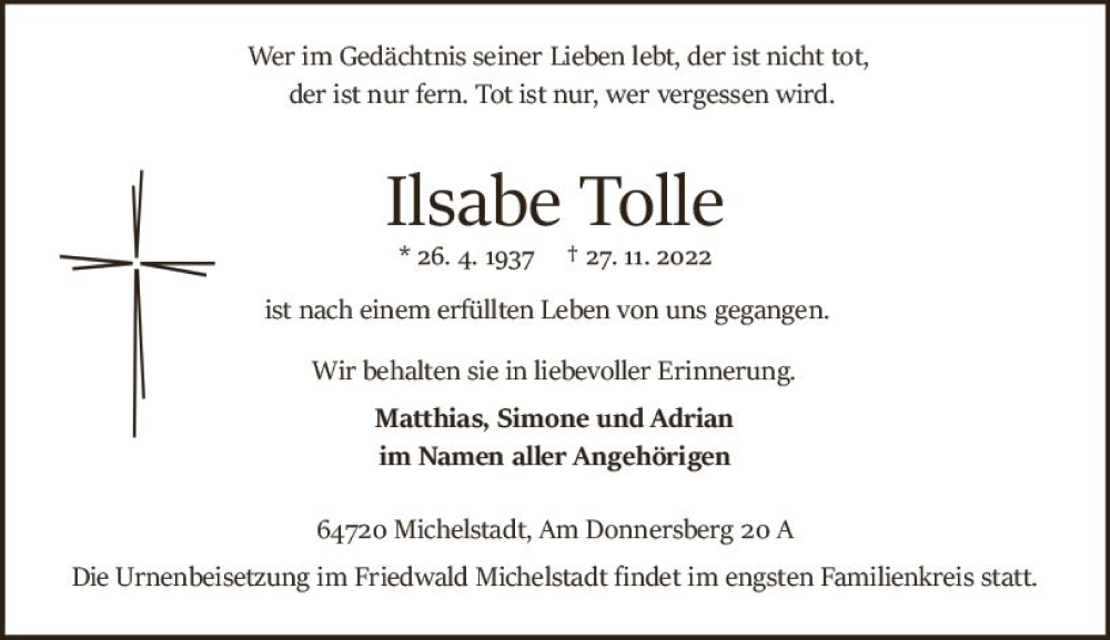  Traueranzeige für Ilsabe Tolle vom 03.12.2022 aus vrm-trauer Odenwälder Echo