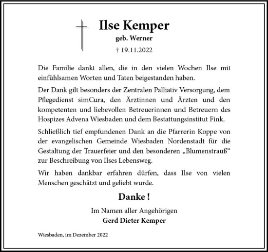 Traueranzeige von Ilse Kemper von vrm-trauer Wiesbadener Kurier