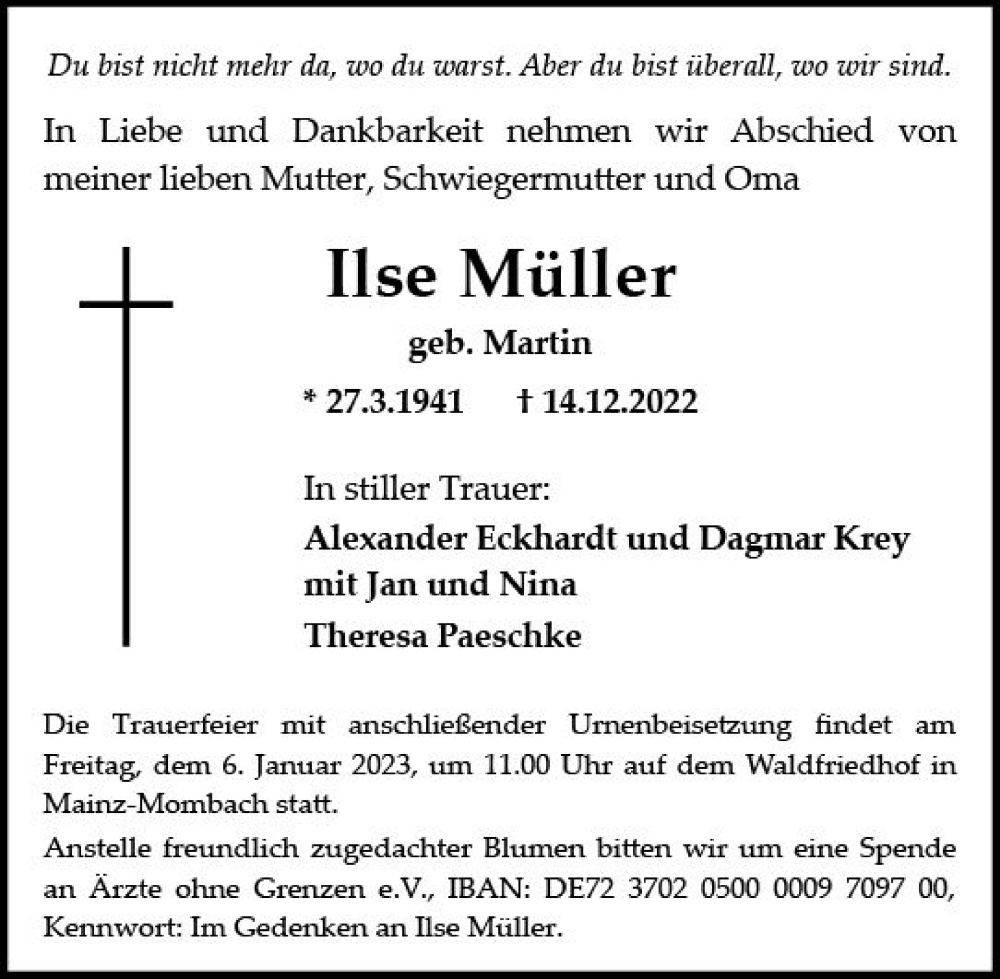  Traueranzeige für Ilse Müller vom 31.12.2022 aus vrm-trauer AZ Mainz
