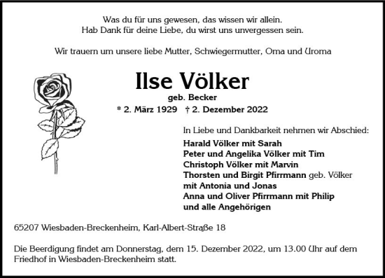 Traueranzeige von Ilse Völker von vrm-trauer Wiesbadener Kurier
