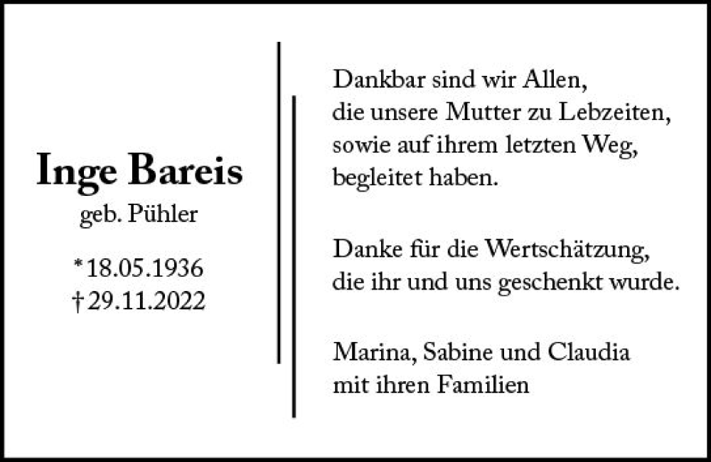  Traueranzeige für Inge Bareis vom 24.12.2022 aus vrm-trauer Darmstädter Echo