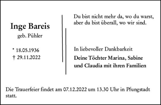 Traueranzeige von Inge Bareis von vrm-trauer Darmstädter Echo
