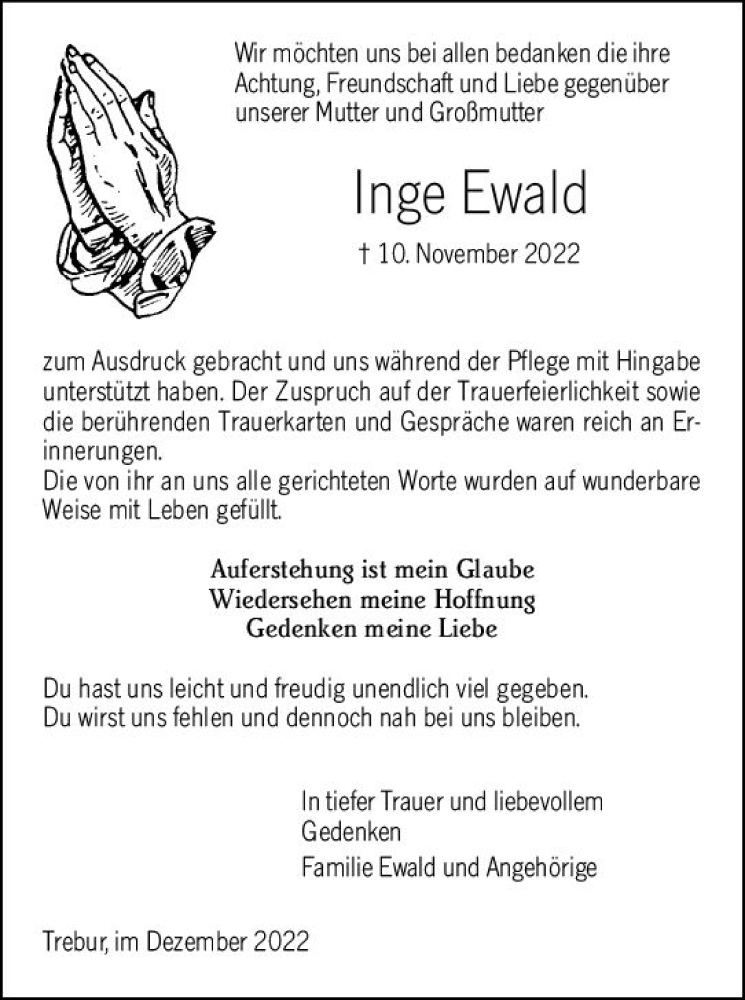  Traueranzeige für Inge Ewald vom 21.12.2022 aus vrm-trauer Groß-Gerauer Echo