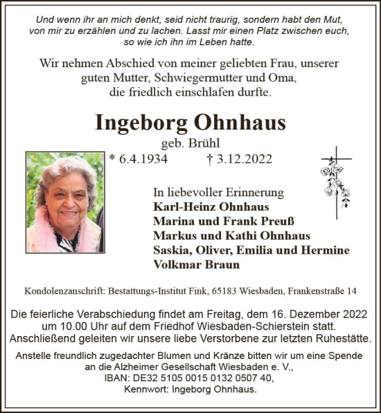 Traueranzeige von Ingeborg Ohnhaus von vrm-trauer Wiesbadener Kurier