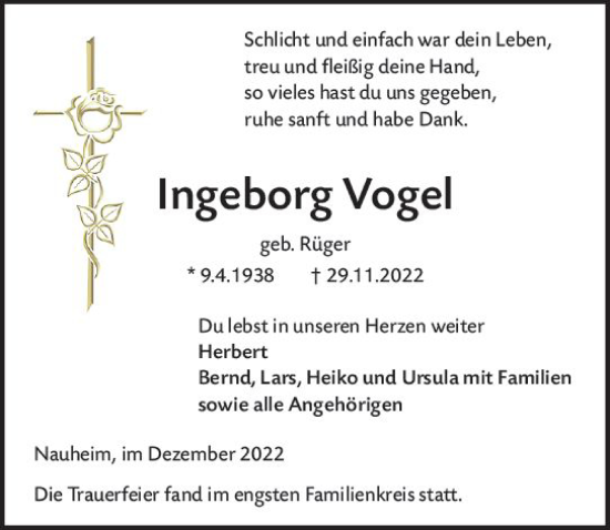Traueranzeige von Ingeborg Vogel von vrm-trauer Rüsselsheimer Echo / MainSpitze