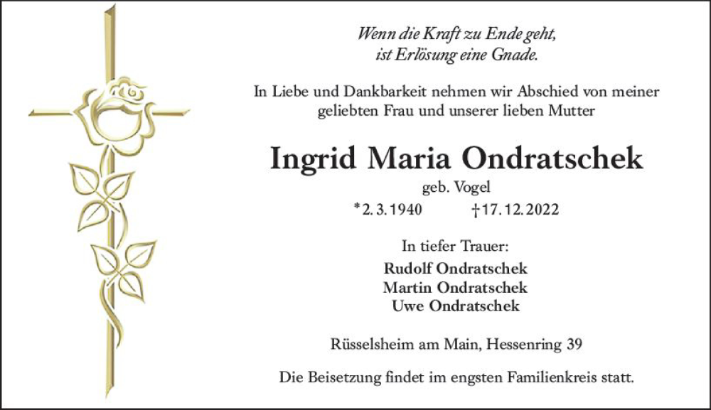  Traueranzeige für Ingrid Maria Ondratschek vom 24.12.2022 aus vrm-trauer Rüsselsheimer Echo / MainSpitze