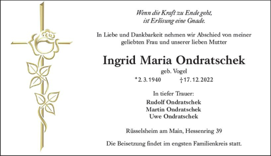 Traueranzeige von Ingrid Maria Ondratschek von vrm-trauer Rüsselsheimer Echo / MainSpitze