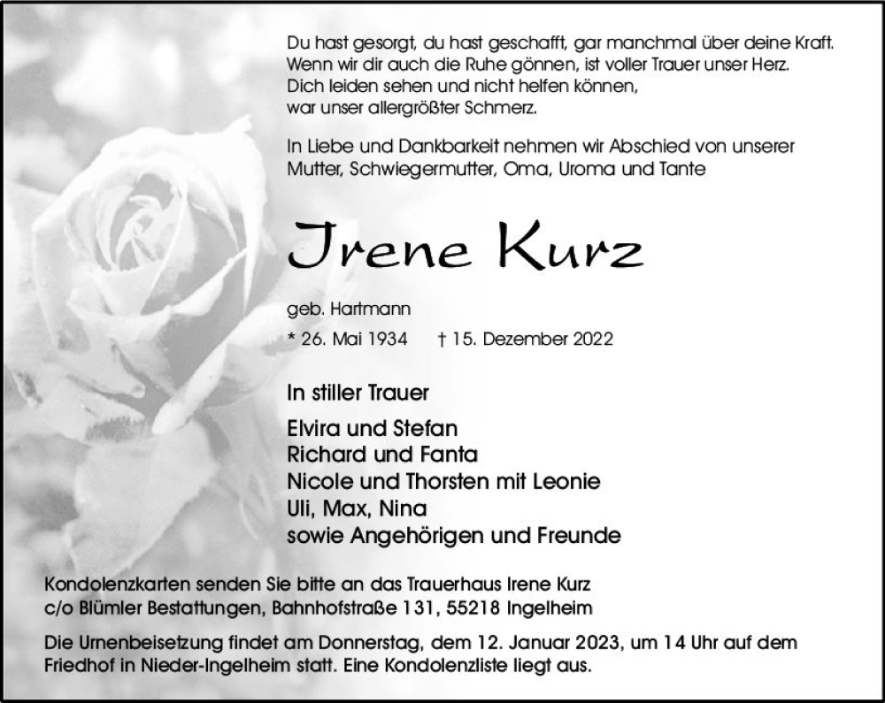  Traueranzeige für Irene Kurz vom 31.12.2022 aus vrm-trauer Allgemeine  Zeitung Ingelheim-Bingen