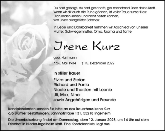 Traueranzeige von Irene Kurz von vrm-trauer Allgemeine  Zeitung Ingelheim-Bingen