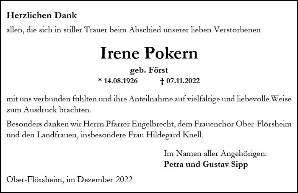  Traueranzeige für Irene Pokern vom 17.12.2022 aus vrm-trauer Allgemeine Zeitung Alzey