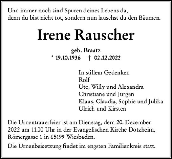 Traueranzeige von Irene Rauscher von vrm-trauer Wiesbadener Kurier