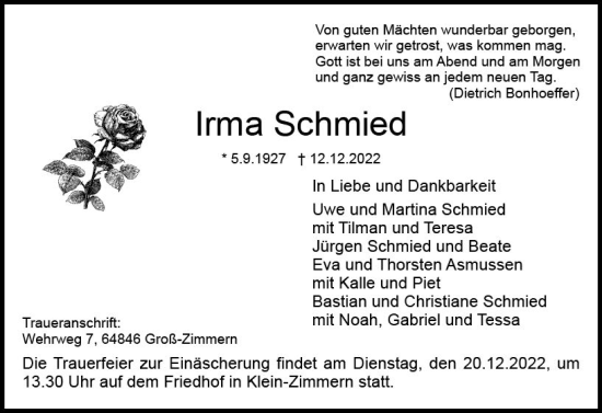 Traueranzeige von Irma Schmied von vrm-trauer DieburgerAnzeiger/Groß-Zimmerner Lokala