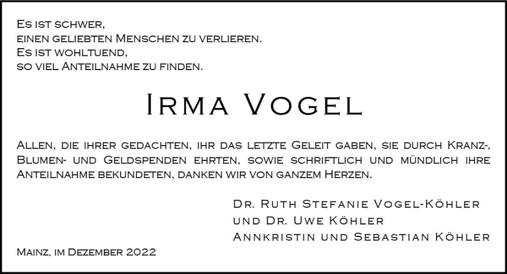  Traueranzeige für Irma Vogel vom 03.12.2022 aus vrm-trauer AZ Mainz