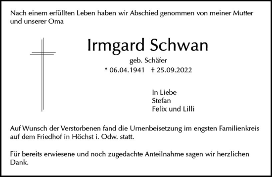 Traueranzeige von Irmgard Schwan von vrm-trauer Odenwälder Echo