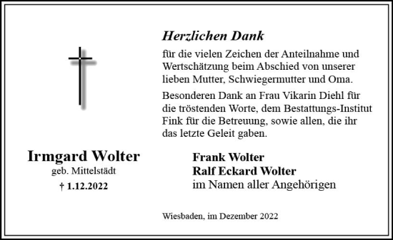 Traueranzeige von Irmgard Wolter von vrm-trauer Wiesbadener Kurier