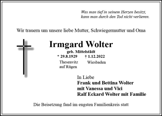 Traueranzeige von Irmgard Wolter von vrm-trauer Wiesbadener Kurier