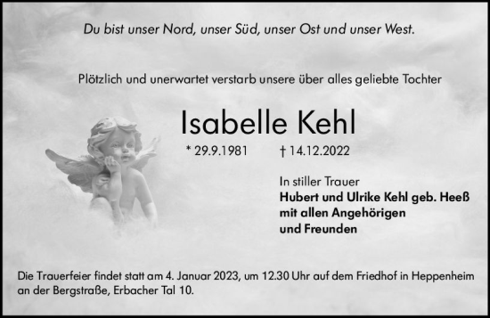 Traueranzeige von Isabelle Kehl von vrm-trauer Wormser Zeitung