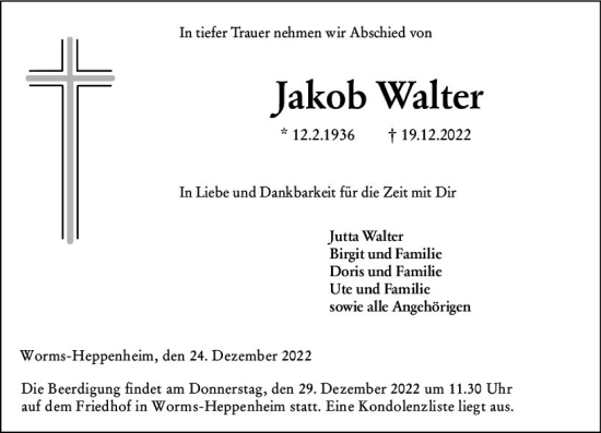 Traueranzeige von Jakob Walter von vrm-trauer Wormser Zeitung