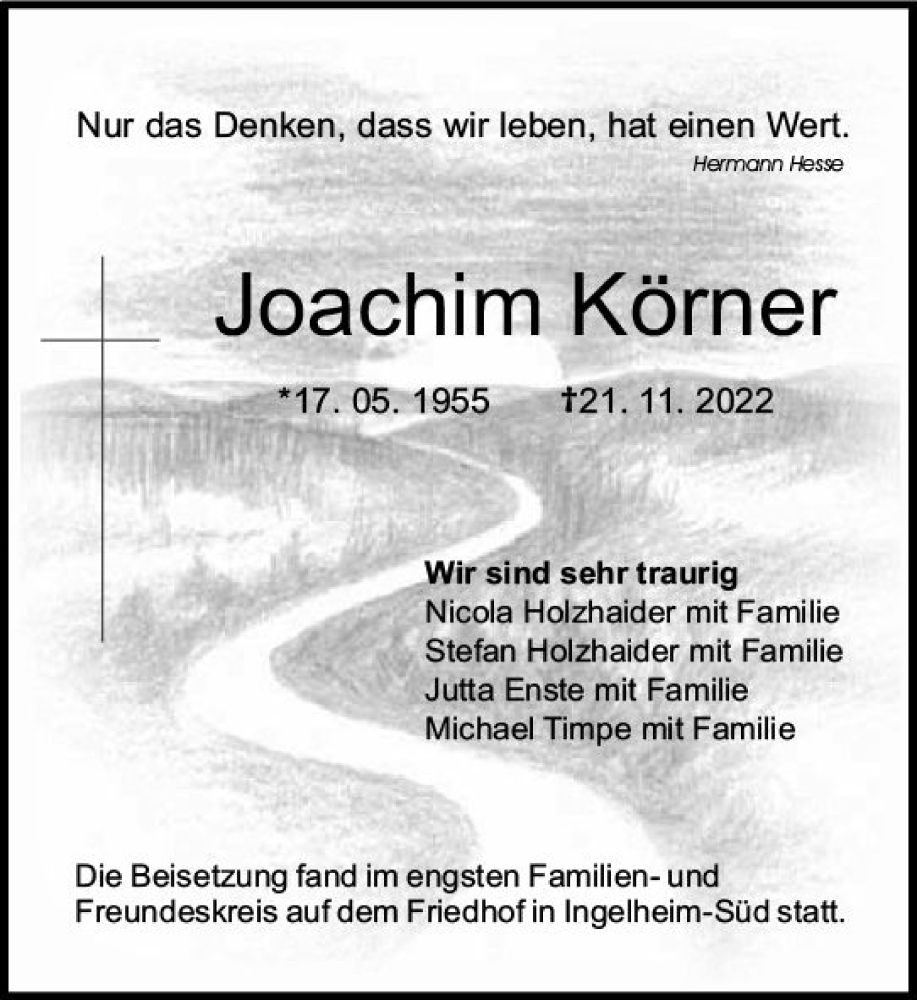  Traueranzeige für Joachim Körner vom 03.12.2022 aus vrm-trauer Allgemeine  Zeitung Ingelheim-Bingen