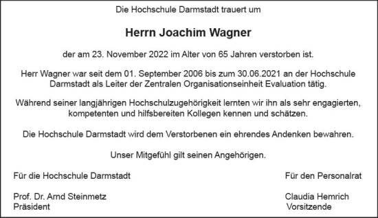 Traueranzeige von Joachim Wagner von vrm-trauer Darmstädter Echo