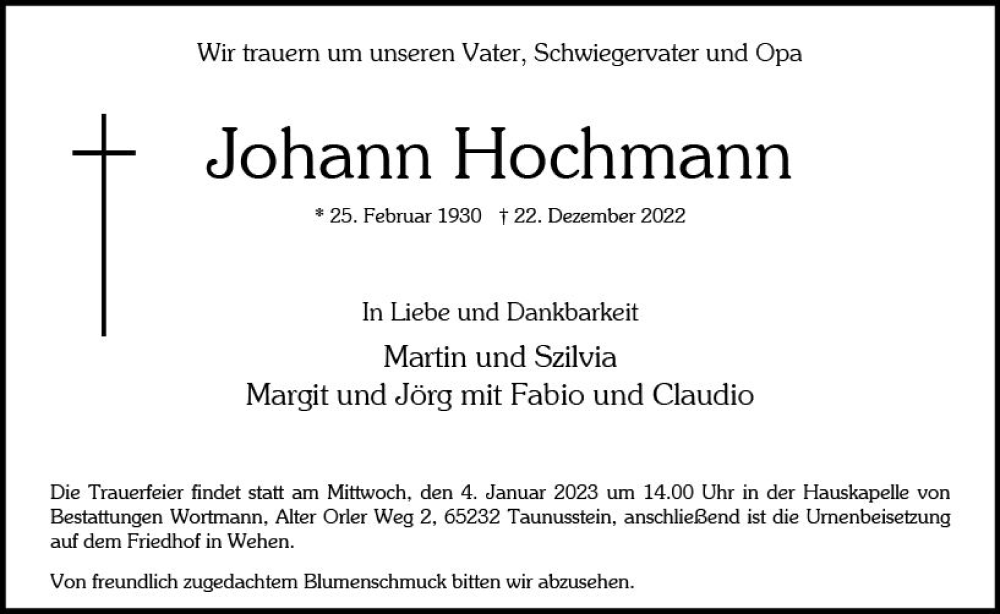  Traueranzeige für Johann Hochmann vom 31.12.2022 aus vrm-trauer Wiesbadener Kurier