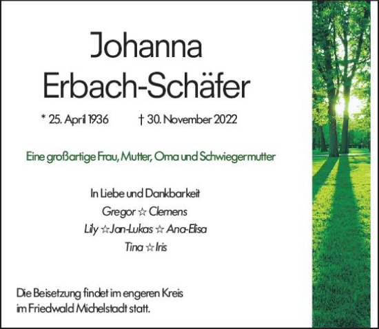 Traueranzeige von Johanna Erbach-Schäfer von vrm-trauer Darmstädter Echo