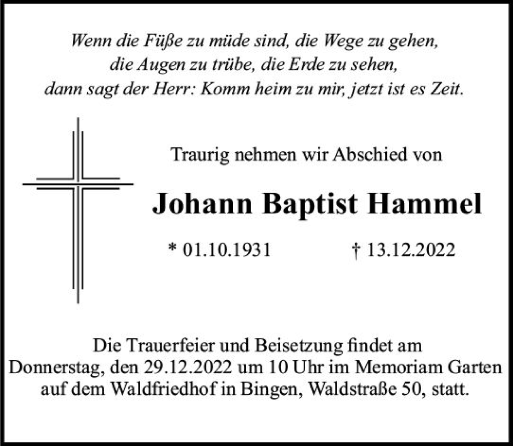  Traueranzeige für Johann Baptist Hammel vom 23.12.2022 aus vrm-trauer Allgemeine  Zeitung Ingelheim-Bingen