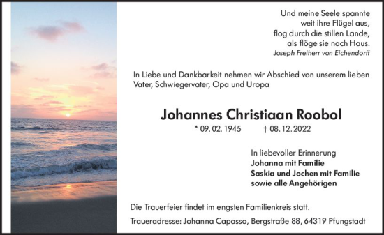 Traueranzeige von Johannes Christiaan Roobol von vrm-trauer Darmstädter Echo