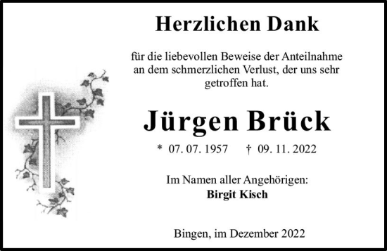 Traueranzeige von Jürgen Brück von vrm-trauer Allgemeine  Zeitung Ingelheim-Bingen